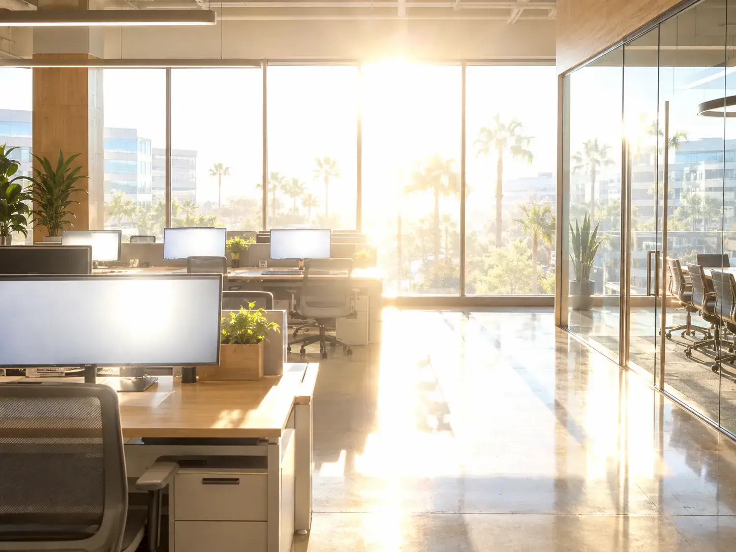 Office interior before window film, harsh sun glare